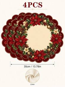 Red Christmas Flower Placemat, White Christmas Flower Holly Leaf Berry Gold Bell Wreath Print Table Mat, Suitable For Christmas Dinner Family Gathering Table Setting Holiday Home Decor - Multicolor - View 7