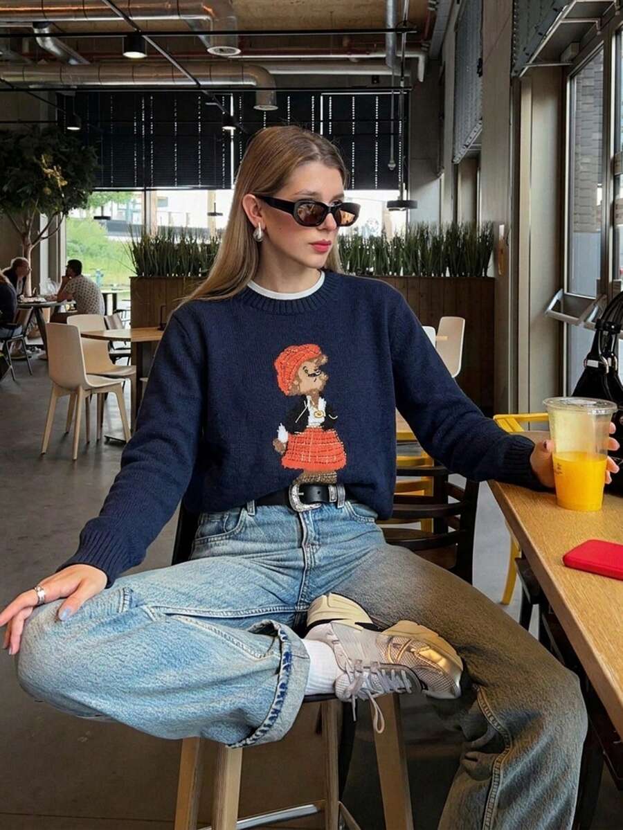 Women's Autumn Cartoon Pattern Crew Neck Drop Shoulder Long Sleeve Casual Sweater - Navy Blue - View 1