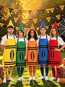 3PCS Colorful Crayon Apron And Funny Gnome Cone Hat Set, Suitable For Adult Costume Party, Halloween Party And Christmas Group Cosplay Outfit, Unisex World Book Day Costume - Color - View 2
