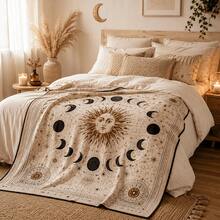 1PC Sun Moon & Stars Print Flannel Blanket, Sofa & Bedroom Decorative Throw, Vintage Mysterious Celestial Pattern, Atmospheric Home Decor, Flannel Fabric, Suitable For Sofa, Bed Decoration & Daily Use - Multicolor - View 2
