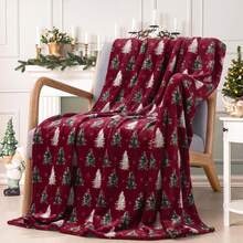 Christmas - Vintage Burgundy Background Christmas Tree Blanket, White & Green Cedar Snowflake Pattern, Skin-Friendly Flannel Throw, Christmas Gift For Living Room, Bed, Leisure - Burgundy - View 5