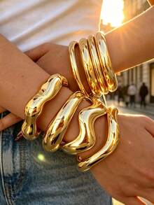4/1pc Vintage Fashion Exaggerated Wide Asymmetrical Metal Bracelet Set For Women, Casual Style, Suitable For Daily Wear, Vacation, Gathering, Party, Holiday, Gift - Yellow Gold - View 4