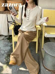 Atasan Wanita Gaya Korea Model Korea dengan Kerah Bulat dan Kancing Depan, Lengan Panjang Pas Badan, Atasan Dasar Lapisan Dalam Serbaguna untuk Musim Gugur - warna oatmeal - View 4