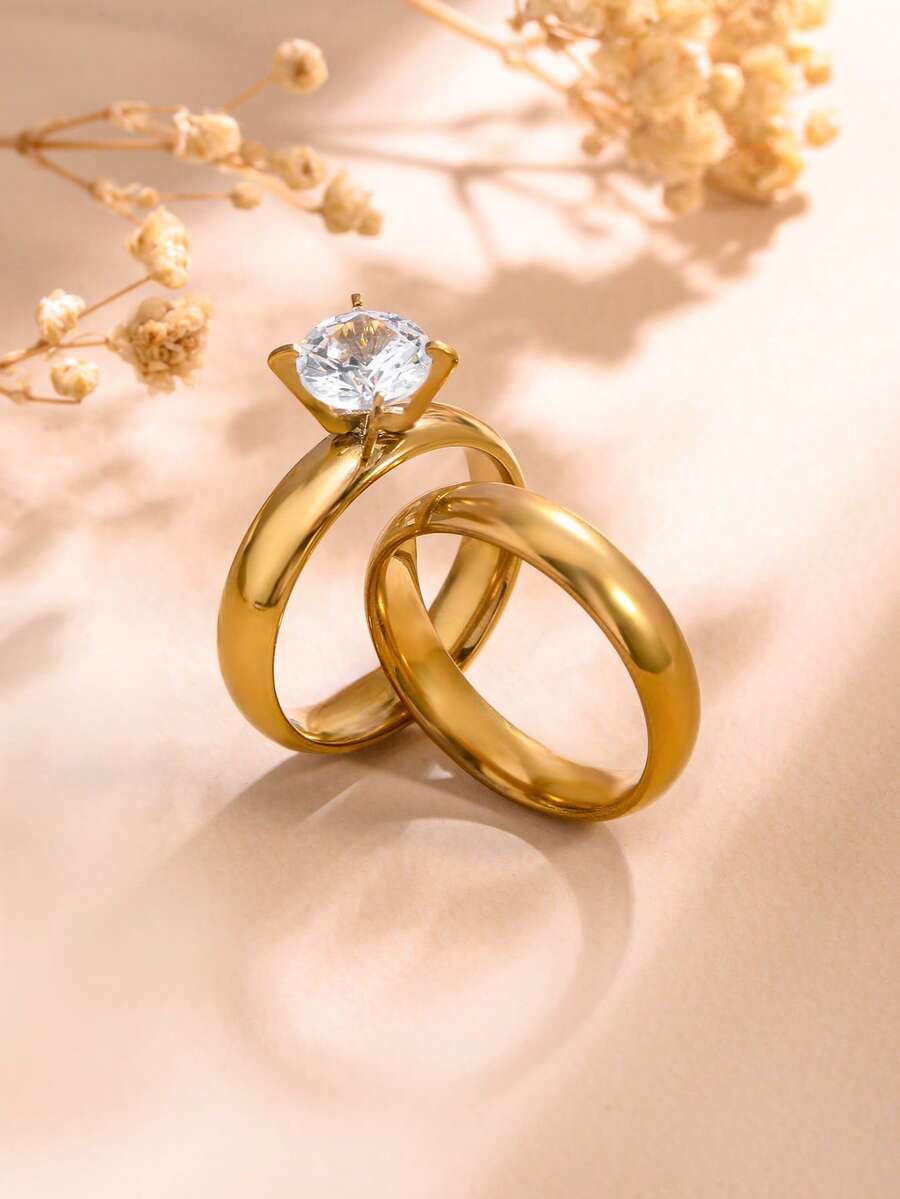 2pcs 18K Stainless Steel Ring Set, Rust-Proof Band, Wedding Engagement Gold Ring, Valentine's Day Gift For Girlfriend - Yellow Gold - View 1