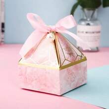 10pcs(5pcs Bags+5pcs Ribbons) Pyramid Wedding Candy Boxes, Pink Marble Texture Candy Gift Boxes With Ribbon And Pearl Decoration, Paper Dessert Packaging Boxes, Bride Shower Party Storage Boxes, Can Hold Chocolates, Cookies, Jewelry, Wedding Guest Thank You Gift Packaging, Engagement Birthday Party Decoration, Foldable Flat Empty Gift Boxes, Wedding Souvenir DIY Gift Boxes - Pink - View 7