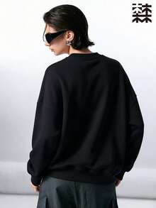 mulinsen Women's Loose Round Neck Sweatshirt, Solid Color Thick Warm Pullover, Long Sleeve Casual Winter Street Style Top - Black - View 3