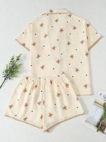 2pcs/Set Women's Comfortable Black Spade Teddy Bear Print Short Sleeve Collared Top And Bowknot Shorts Pajama Set - Apricot - View 2