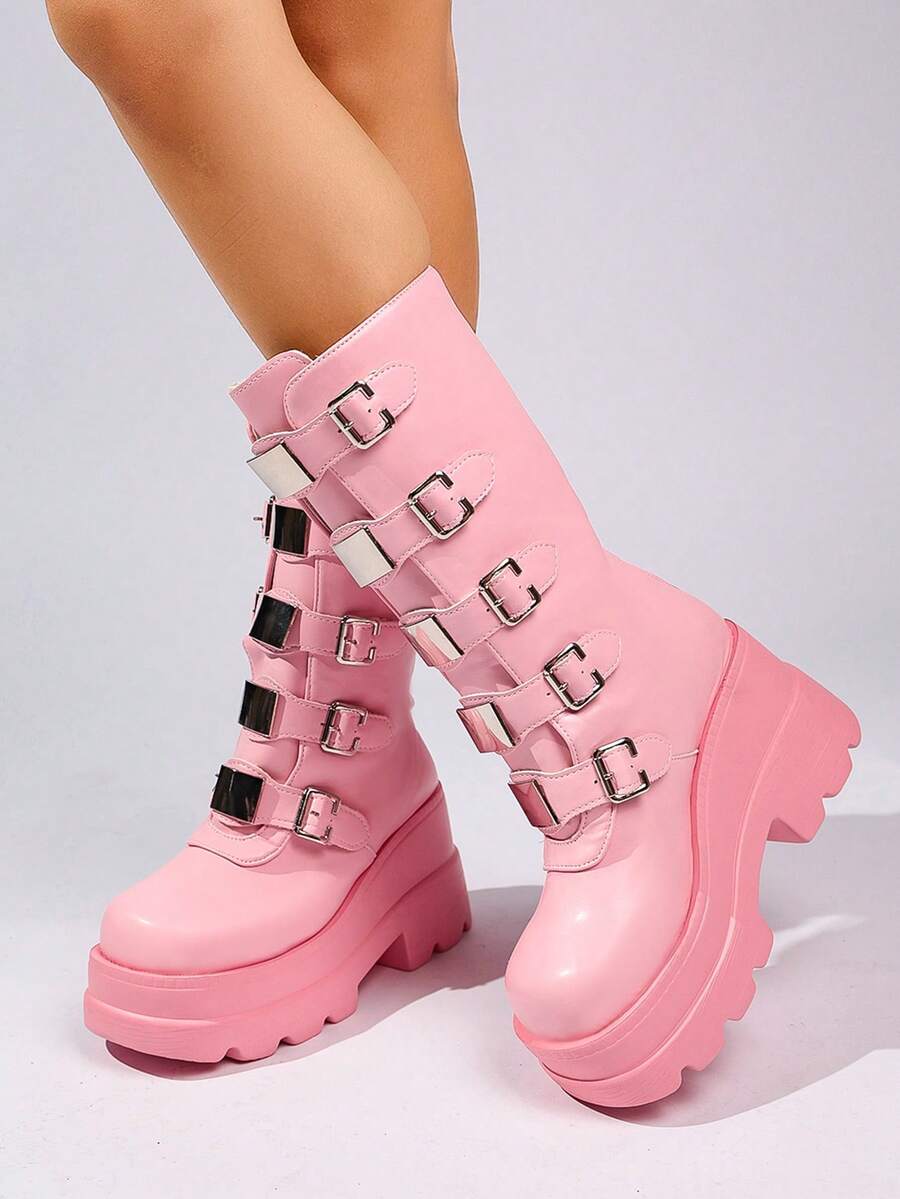 Pink Thick Sole High Top Lace-Up Boots Platform Serrated Sole Motorcycle Boots Sweet Cool Hot Girl Tall Boots - Pink - View 1