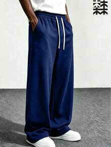 mulinsen Men's Wide-Leg High-Waist Elastic Drawstring Sweatpants With Hip-Covering Design, Soft Fleece Fabric, Dual Side Pockets, Minimalist Slouchy, Loose Fit - Blue - View 3