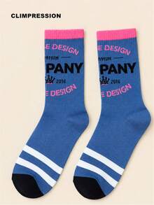 CLIMPRESSION Women's Soft Cotton Letter Print Mid-Calf Socks, Back To School Casual Sports Socks, Suitable For Teenage Girls Daily Wear - Blue - View 3