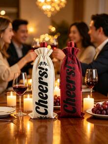 8Pcs Cheers Linen Burlap Wine Bottle Gift Bag Drawstring Wine Cover Sack Reusable Wine Bag For Wedding Holiday Christmas Housewarming Birthday Party Wine Lover Present Decor - Multicolor - View 3