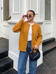 Women's Vintage Style Round Neck Cardigan Sweater With Front Pockets, Warm For Autumn/Winter - Yellow - View 5