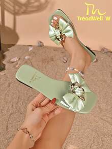 TreadWell W 2026 Summer New Flat Sandals For Women, Bow Design Cute Style Suitable For Outings, Dates, Parties, Soft And Comfortable - Green - View 1