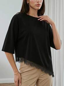 Black Short Sleeve T-Shirt With Asymmetrical Lace Detail - Black - View 2