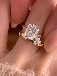 2pcs/Set, Elegant Gold-Plated Yellow Inlaid White Cubic Zirconia Stackable Women's Ring Set, December Birthstone, Luxury Wedding Holiday Party Daily Wear, Shiny And Durable Accessory - White - View 5