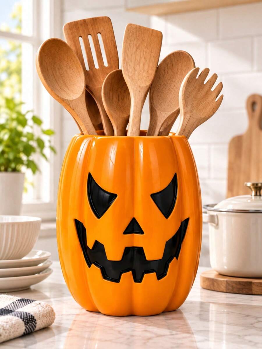 1pc Funny Pumpkin Face Utensil Holder, Kitchen Countertop Utensil Storage Bucket, Gothic Home Decor Ornament - Multicolor - View 1