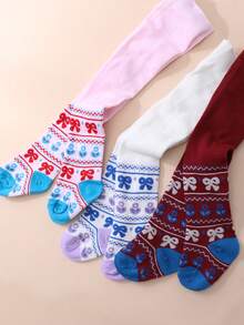 3 Pairs Vintage Floral Pattern Tights For Baby Girls, Soft Skin-Friendly Big Bottom Crotch Leggings, Versatile Holiday Outfit Tights - Multicolor - View 7