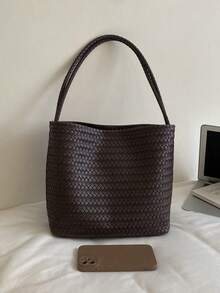Women's Woven PU Leather Shoulder Tote Bag, Retro Coffee Large Capacity Hobo Bag, Soft Textured Casual Handbag For Work Travel Daily Outing - Coffee - View 7