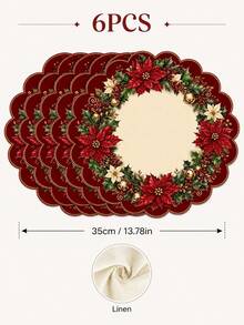 Red Christmas Flower Placemat, White Christmas Flower Holly Leaf Berry Gold Bell Wreath Print Table Mat, Suitable For Christmas Dinner Family Gathering Table Setting Holiday Home Decor - Multicolor - View 5