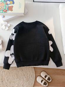 Girls Cute Floral Pattern Knit Pullover Sweater, Suitable For Casual Daily Wear In Spring, Autumn And Winter - Black - View 2
