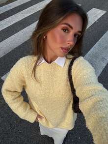 Solid Color Round Neck Loose Fit Long Sleeve College Style Women's Sweater, Autumn/Winter - Apricot - View 4