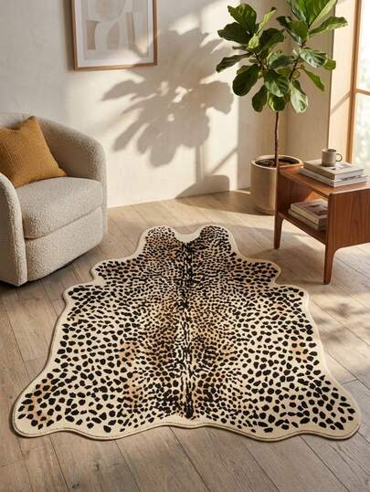 1 pieza Alfombra asimétrica con textura de piel de vaca y estampado de leopardo, adecuada para alfombra decorativa, decoración de dormitorio, alfombra pequeña, alfombra, decoración del hogar, alfombra de sala de estar, alfombra pequeña de sala de estar, alfombra de dormitorio, decoración del hogar de sala de estar, alfombra de exterior, alfombra lavable, perfecta para decoración del hogar de estilo bohemio durante todo el año, hecha de tela suave de pelo bajo, respaldo antideslizante, duradera y fácil de limpiar