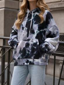 1pc Women's Tie-Dye Sweatshirt Sweatshirt, Outdoor Sports Mountain Style, Hooded Kangaroo Pocket, Elastic Cuffs, Loose Fit Jacket, Versatile For Cycling, Climbing - Grey - View 9