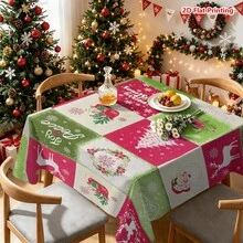 1/2件裝聖誕主題拼接桌布，包含馴鹿、聖誕樹、花環、雪人、禮物袋、雪花、和平祝福等經典元素，適用於廚房餐桌裝飾、餐廳裝飾、野餐露營、派對場景、農舍風飾品、桌面美化與營造節日氛圍 - 彩色 - 查看 16