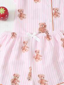 2pcs Women's Comfortable Pink & White Striped Bear Print Short Sleeve Collared Top And Bow Shorts Pajama Set, Spring/Summer - Pink - View 7
