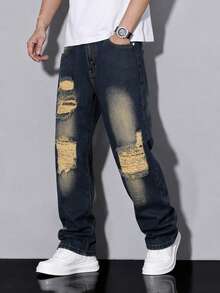 Boys Casual Elastic Waist Distressed Tapered Jeans, All Season - Medium Wash - View 1