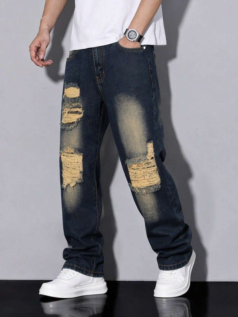 Boys Casual Elastic Waist Distressed Tapered Jeans, All Season - Medium Wash - View 1