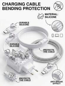 Cute Butterfly Charging Cable & Adapter Set, Pink Rhinestone Pearl Decor Data Cable With Butterfly Clips, Kawaii Y2K Phone Charger Accessories For Girls - Silver - View 4