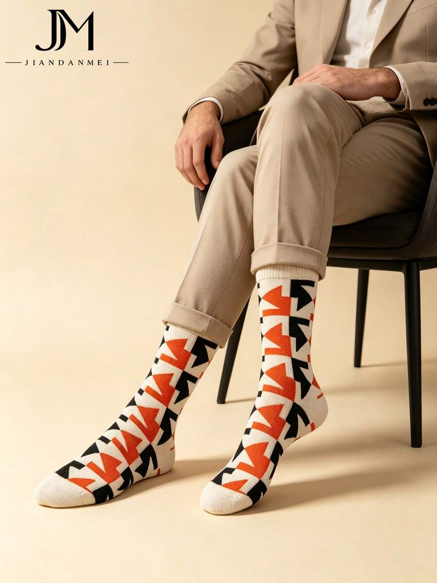 Kaos Kaki Pria Abu-abu Motif Argyle Patchwork dengan Manset Bergaris, Bahan Katun, Menyerap Keringat, Bernapas, Gaya Bisnis Inggris, Panjang Setengah Betis, Cocok untuk Perjalanan ke Kantor - MultiWarna - View 1