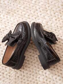 Girls Black Loafers Patent Leather Satin Bow Thick Non-Slip School Performance Versatile Shoes! - Black - View 5