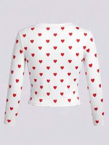 1pc Women's White Round Neck Ribbed Fitted Long Sleeve Cropped Top, All-Over Red Heart Print Cute Slim Fit Blouse - White - View 3