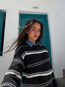 OJOK Korean Style New Round Neck Contrast Color Striped Loose Casual Women's Sweater - Black - View 3