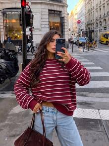 Women's Burgundy & White Horizontal Striped Crew Neck Sweatshirt, Vintage Loose Drop Shoulder Lazy Casual Pullover - White - View 1