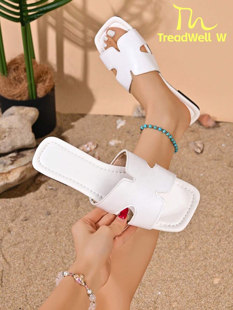 ThreadWell W 2026 Summer New Fashion Essential Flat Slide Sandals, Double Cross Cut-Out Wide Strap Open Toe Square Toe Contrast Stitching Soft PU Slip-On Ultra Lightweight Casual Style Suitable For Outdoor Beach Stroll Vacation Daily Commute - White - View 1