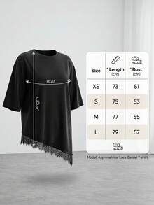 Black Short Sleeve T-Shirt With Asymmetrical Lace Detail - Black - View 4