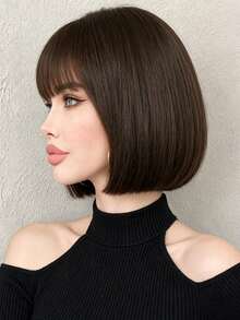 12 Inch Dark Brown Short Bangs Student Wig, Elegant And Natural Style, Lightweight And Breathable, Easy To Wear, Suitable For All Women's Daily Wear And Party Occasions - Brown - View 2