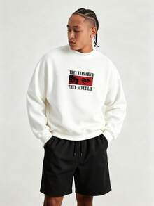 Men's Spring/Autumn Minimalist Red Eye Print Letter Crew Neck Long Sleeve Sweatshirt And Shorts Casual Set - Black and White - View 2