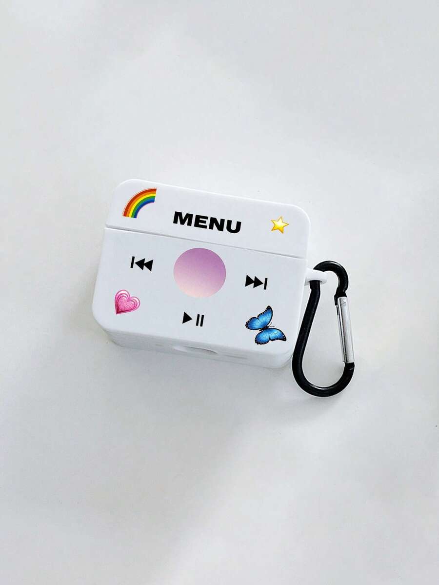1件 MENU Player 彩虹心形蝴蝶圖案藍牙耳機保護殼，極簡純白軟殼，復古音樂播放器介面圖案印花，配黑色耳機殼掛鉤，防摔便攜，Ins甜酷Y2K女孩風，適合個人使用與生日禮物，兼容主流無線藍牙耳機