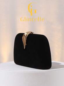 Black Velvet Leaf-Shaped Clutch, Luxury Gold Hardware Evening Bag, Detachable Chain Shoulder Strap, Suitable For Formal Party/Wedding/Date Night Accessory - Black - View 4