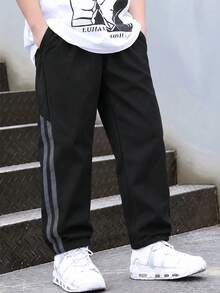 1pc Boys' Simple Double Stripe Straight Leg Casual Long Pants, Loose Fit Design, Versatile All-Match Style For Daily, School, Home And Outings - Black - View 7