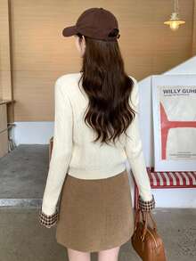 Women's 2-In-1 Knit Cardigan Sweater, Spring Outfit, Colorblock Plaid Polo Collar, Preppy Style Top - Apricot - View 11
