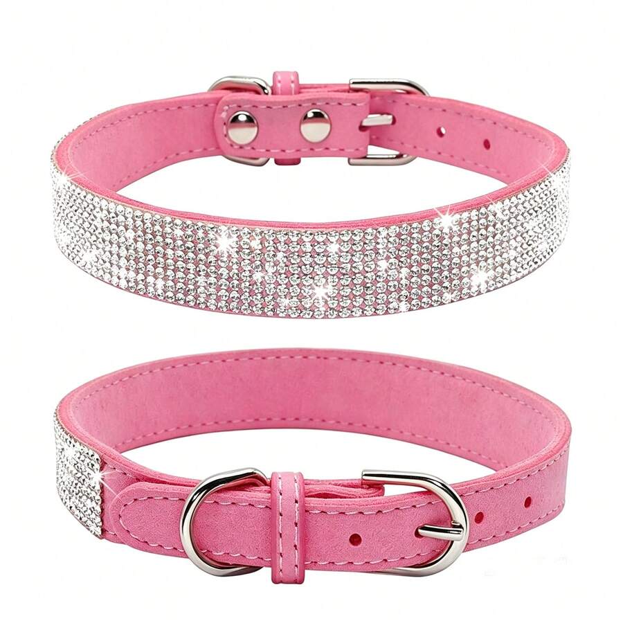 Dog Collar For Small Dogs, Lightweight Adjustable Microfiber Leather Suede Bling Dog Collars,Pink Dog Collar Cat Collar, Rhinestone Dog Collar. - Multicolor - View 1
