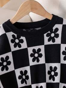 Sweater Rajut Pendek Motif Bunga Gaya Preppy untuk Anak Perempuan, Pullover Kotak-kotak, Cocok untuk Sekolah, Musim Semi, Musim Gugur dan Musim Dingin - Hitam - View 3