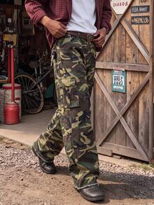Men 100% Cotton Camo Print Wide‑Leg Cargo Pants, Raw‑Edge Hem Multi‑Pocket Baggy Streetwear Trousers (Pants Do Not Include A Belt) - Army Green - View 3