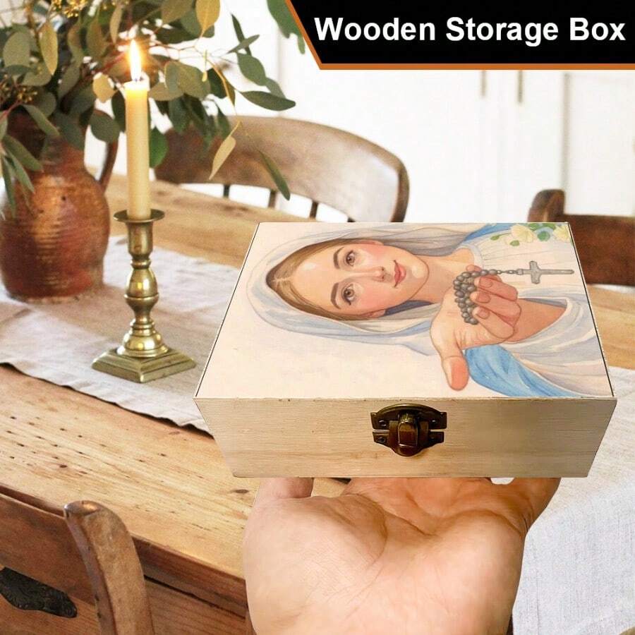 1pc Handmade Wooden Storage Box With Watercolor Illustration, Gift Storage Box, Prayer Box, Small Jewelry Organizer, For Home Decor, Prayer Space, Gift Memorial Box, Rustic And Spiritual Home Decor - Multicolor - View 1