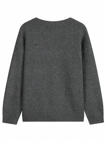 Plus Size Women's Round Neck Knit Cardigan, Front Button Long Sleeve Sweater, Slim Fit Warm Autumn/Winter Commuter Jacket - Dark Grey - View 5